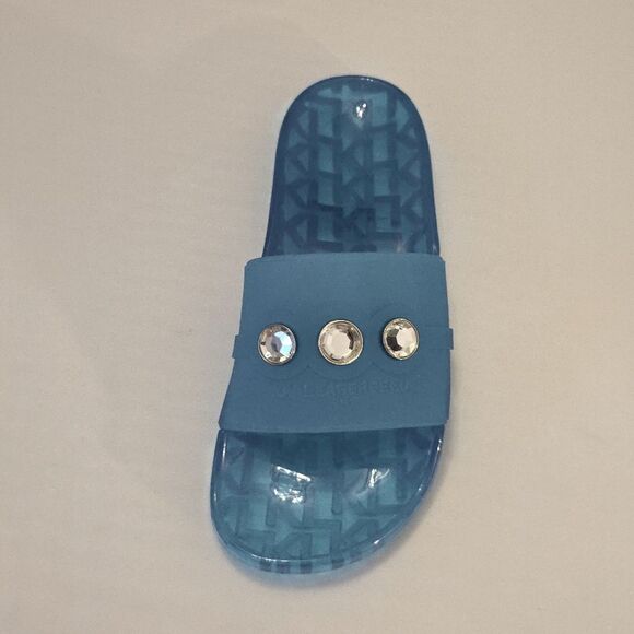 BRAND NEW KARL LAGERFELD TEAL SLIDE with CRYSTAL DETAILS SANDAL R3 - Picture 7 of 16